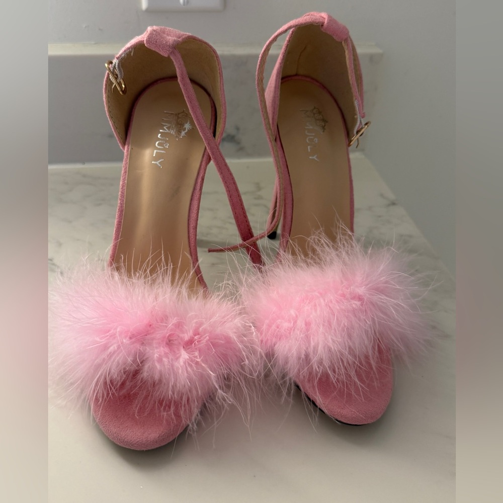 Fuzzy Pink Heels with Ankle Strap